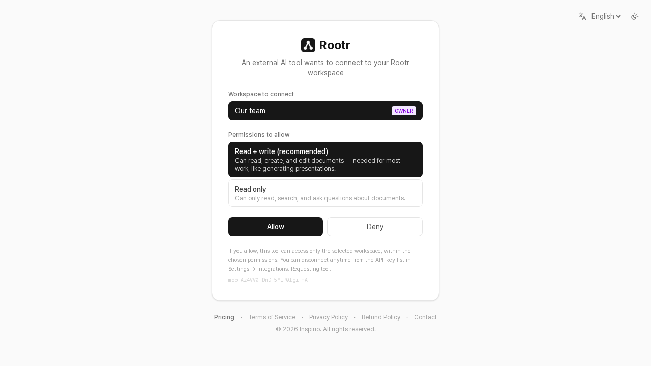 The Rootr permission screen: pick one workspace and a permission level (read + write / read-only), then press Allow.