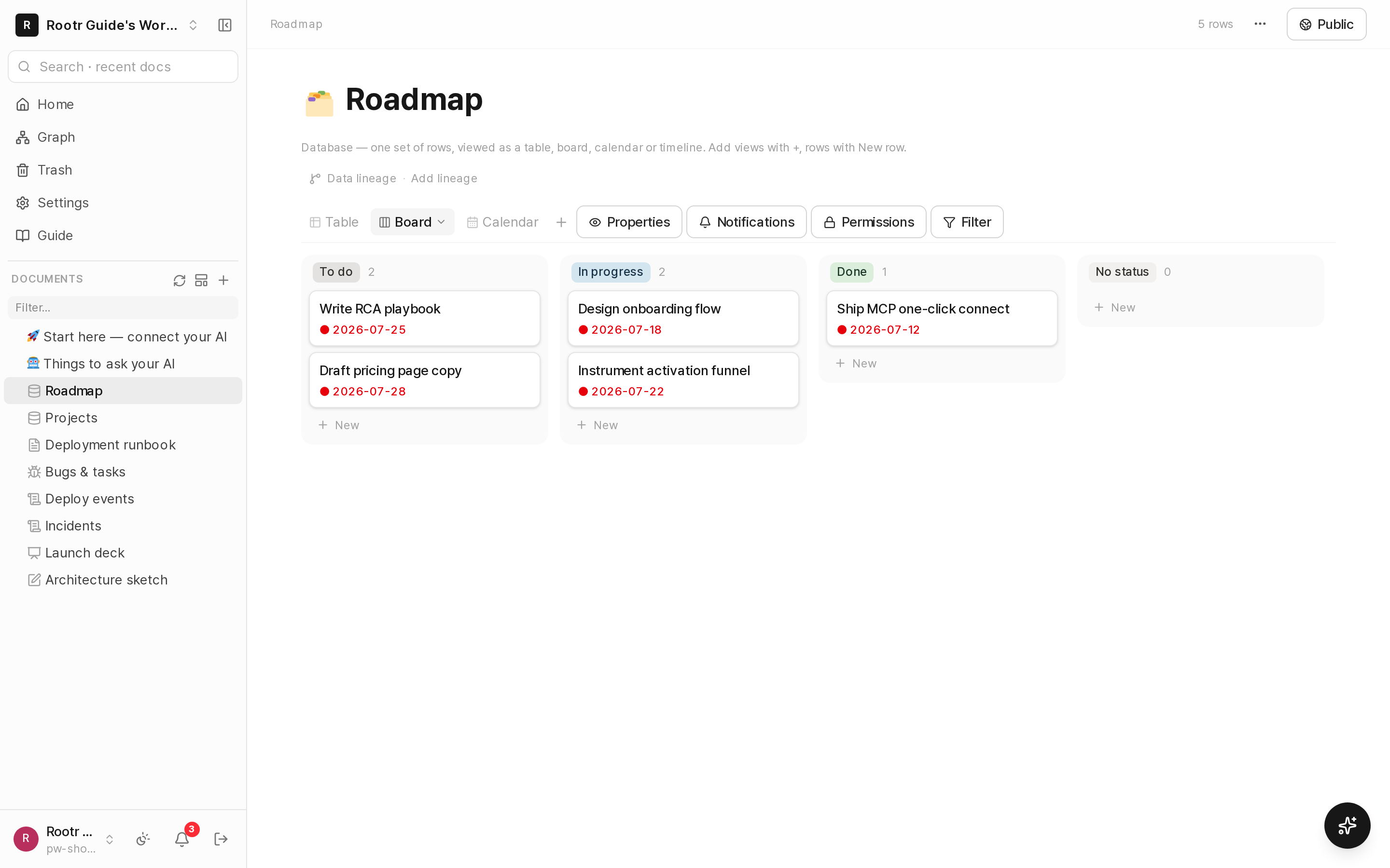 Board view with cards in to-do, in-progress and done columns.