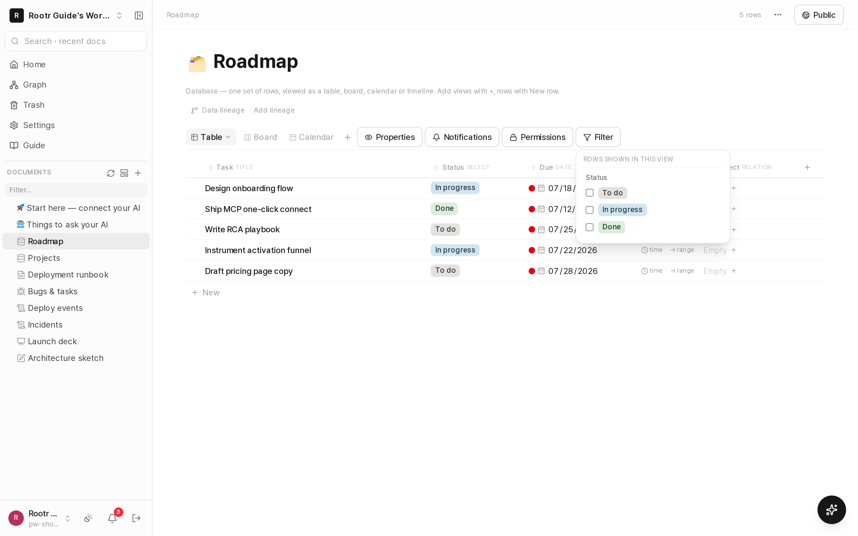 The view toolbar with the filter and properties menus open.