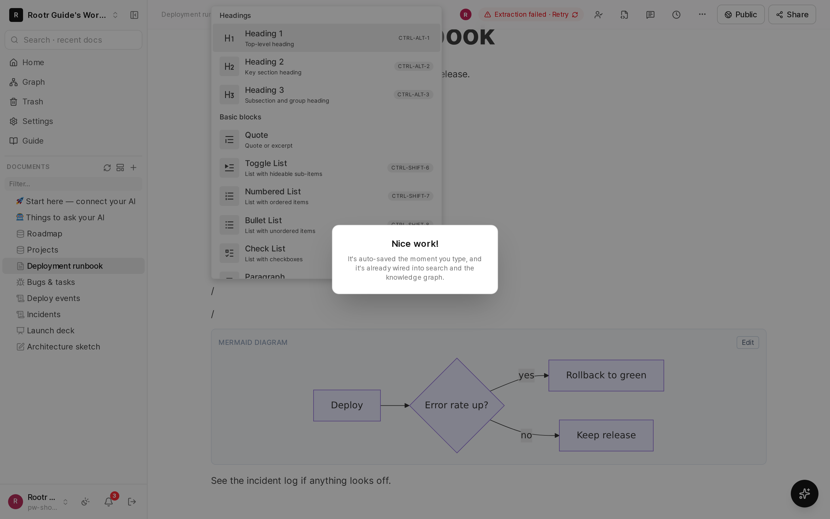 The block menu opened with "/" inside a document.