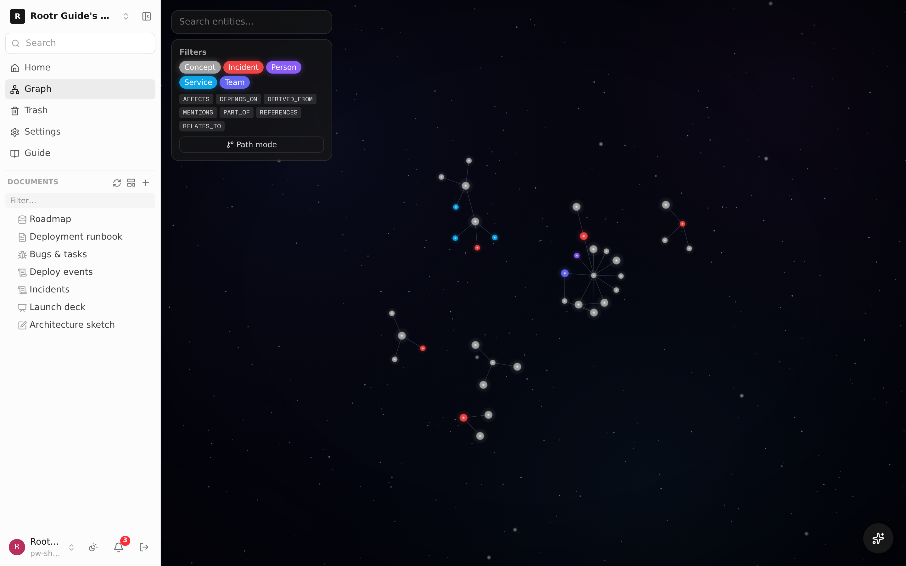 The knowledge-graph exploration screen. Things are connected as dots and relationships as lines.